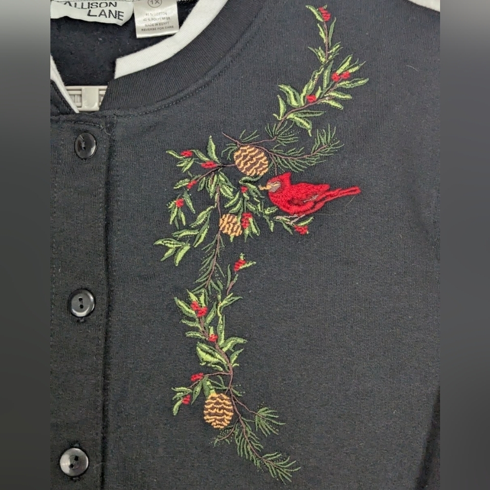 Allison Lane 1X Cardinal Sweatshirt Cardigan Black With White Collar - Picture 5 of 8
